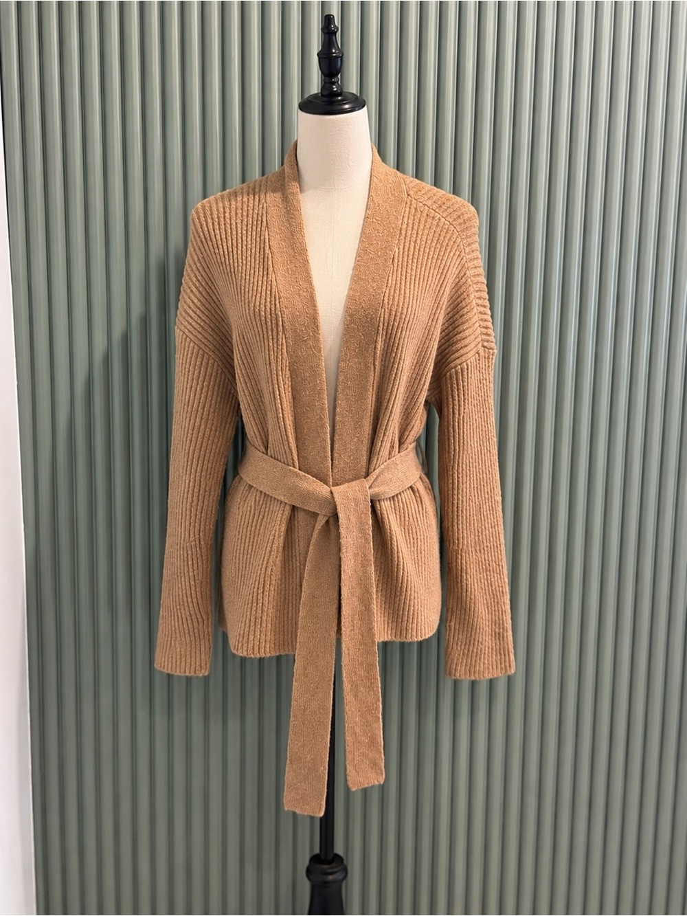 Tularosa Camel Ribbed Belted Open-Front Cardigan